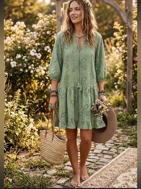 Seni & Cade Sage Green Eyelet Ruffle Tiered Boho Mini Dress Size Medium NWT